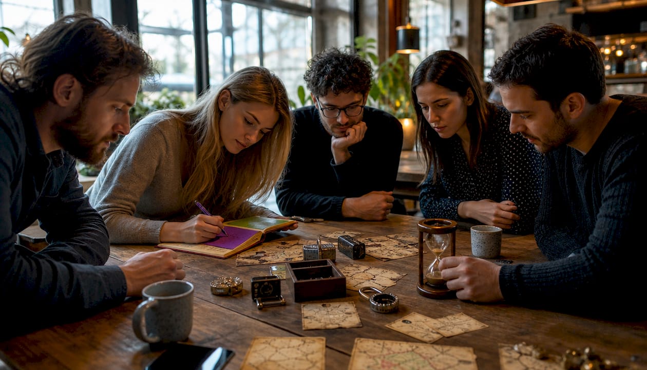Des collègues qui élaborent des stratégies ensemble lors d’un jeu d’évasion