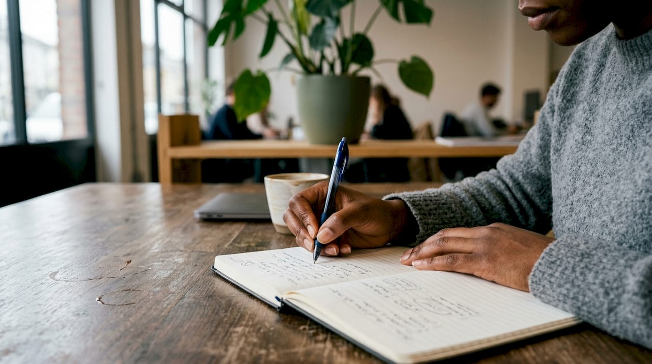 Une collaboratrice prend des notes sur la stratégie SEO pendant une réunion de travail.
