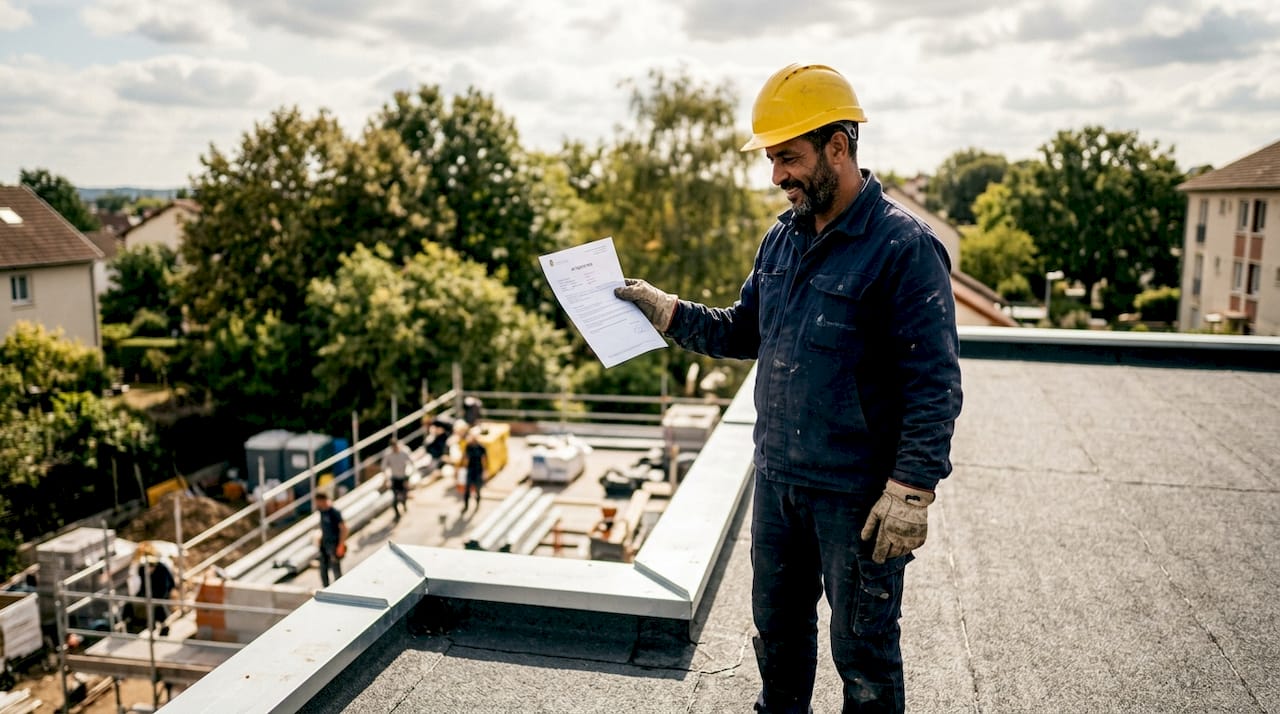 Artisan couvreur délivrant une attestation de travaux réalisés sur la toiture