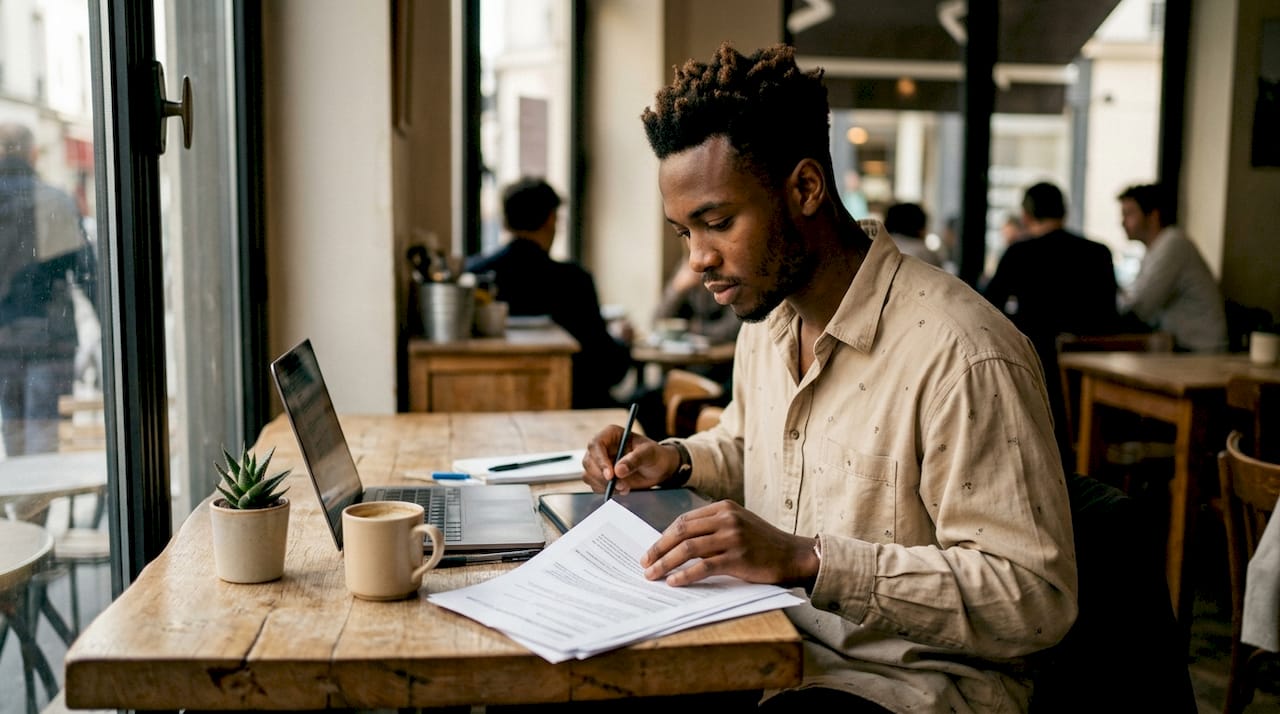 Un entrepreneur en pleine séance de réflexion à son bureau, cherchant de nouvelles idées de contenu.