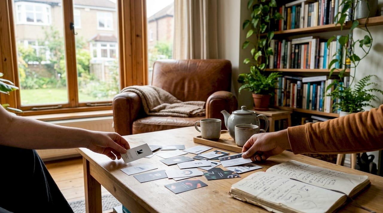 Des mains en train de manipuler des cartes à jouer, dans une ambiance lounge feutrée.