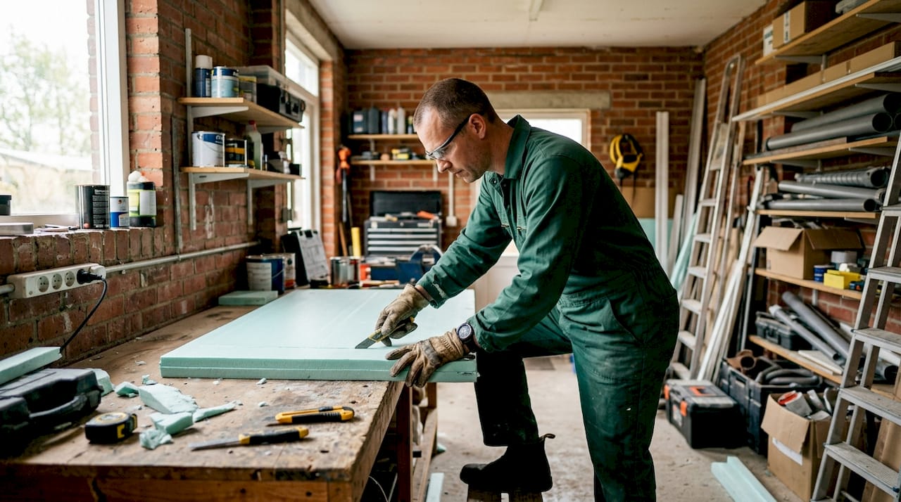 Installation de laine isolante dans les combles par des mains expertes.