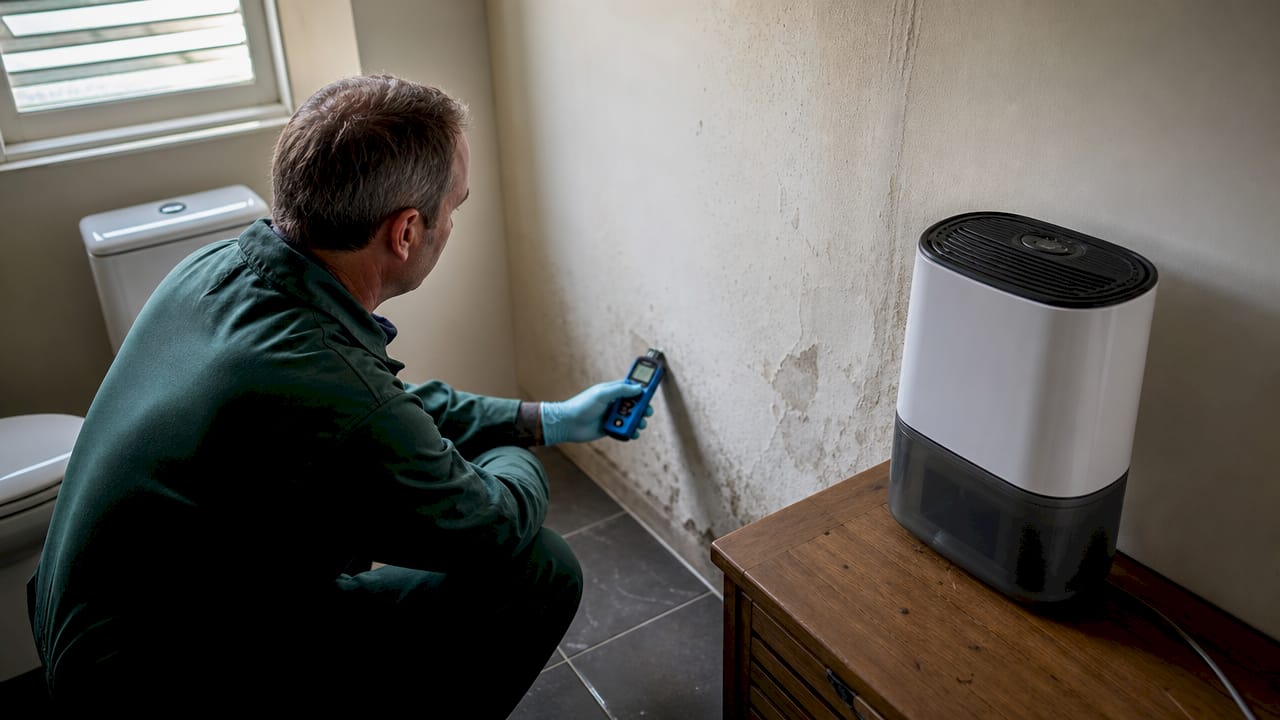 Un spécialiste intervient pour contrôler le taux d’humidité dans un mur suite à un dégât des eaux.