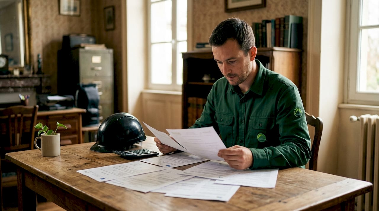 Une personne examine attentivement des documents de garantie posés sur son bureau.