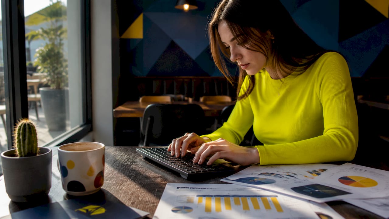 Des mains s’activent sur un clavier, analysant les indicateurs clés de performance marketing au bureau.