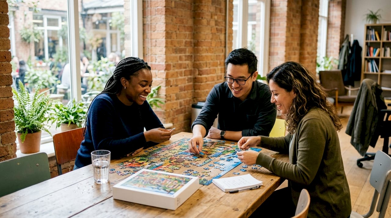 Des mains qui collaborent pour assembler un puzzle, symbole d’esprit d’équipe.