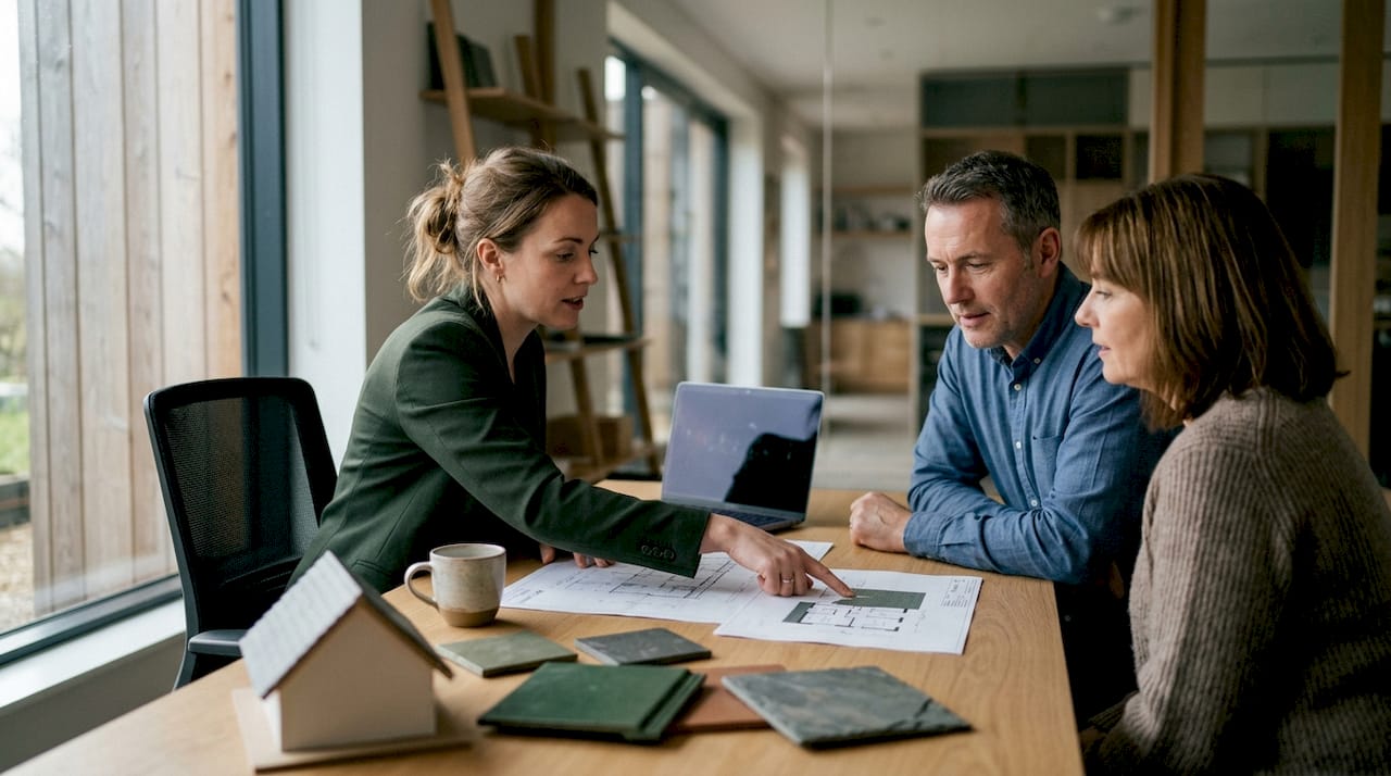 Un rendez-vous entre un couvreur et un propriétaire pour discuter des travaux dans un bureau.