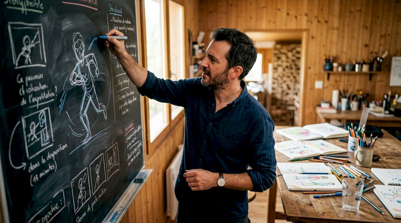 Un intervenant en pleine explication, feutre à la main devant le tableau blanc.
