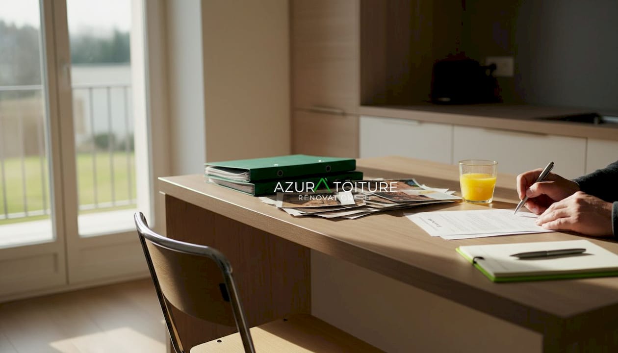 Table préparée avec tous les documents nécessaires pour la visite de l’expert en toiture.