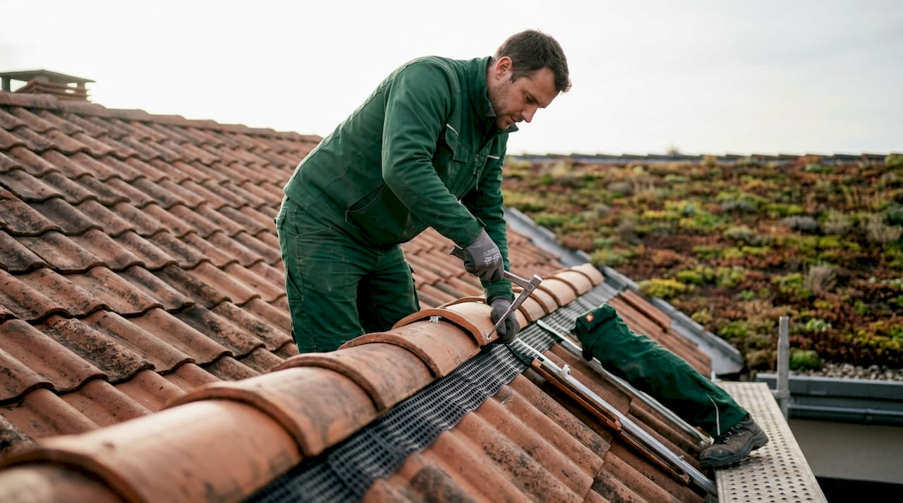 Installation d'une tuile faîtière ventilée, les mains en action sur la toiture.