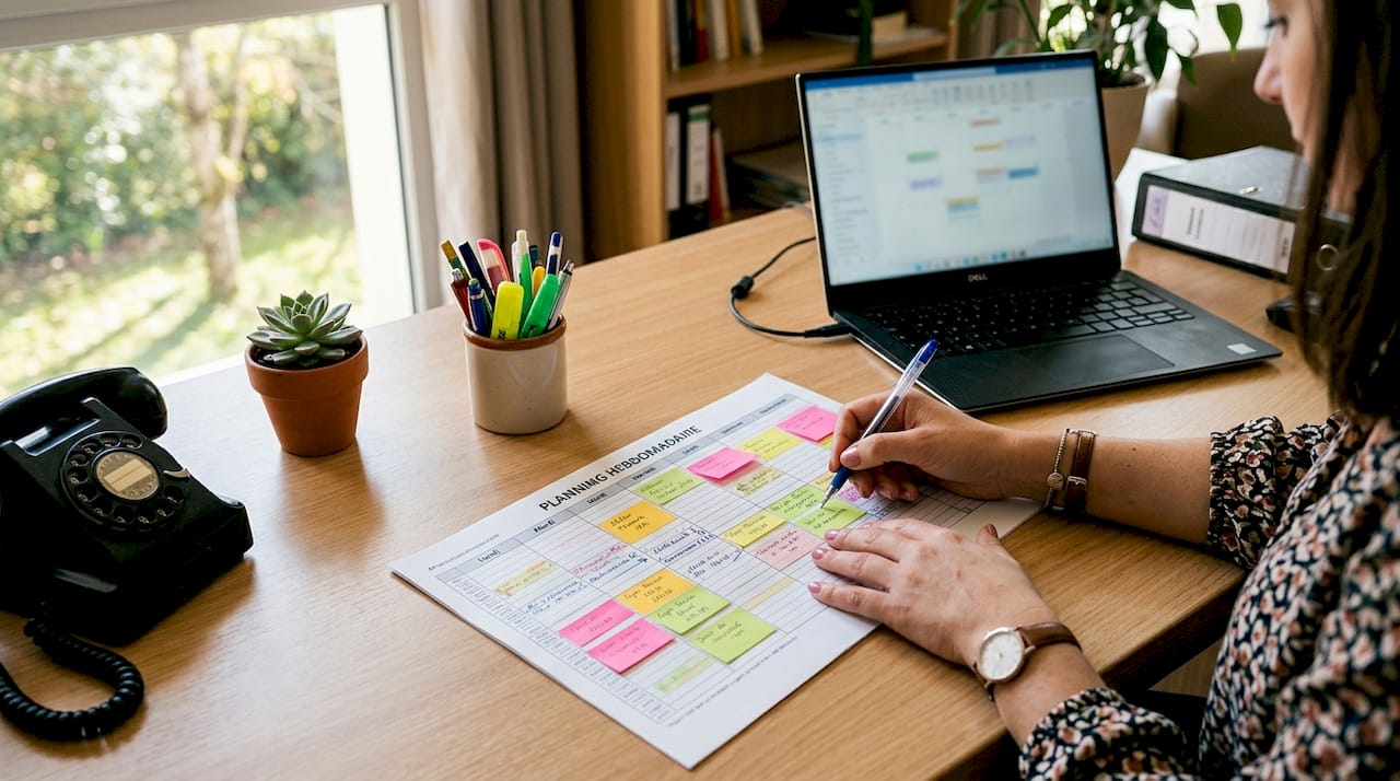 Des collaborateurs en pleine préparation du planning d’animations autour d’une table de bureau