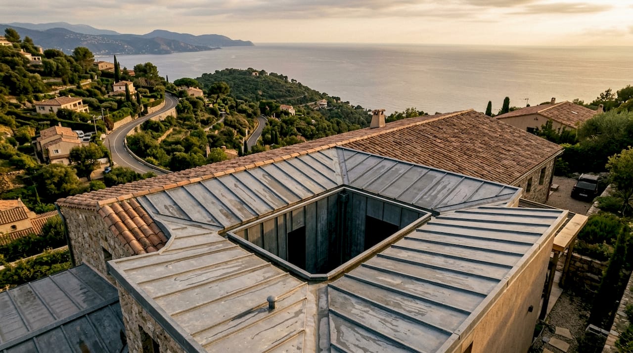 Vue aérienne d’une toiture renforcée située en bord de mer, mettant en valeur la vallée du toit.