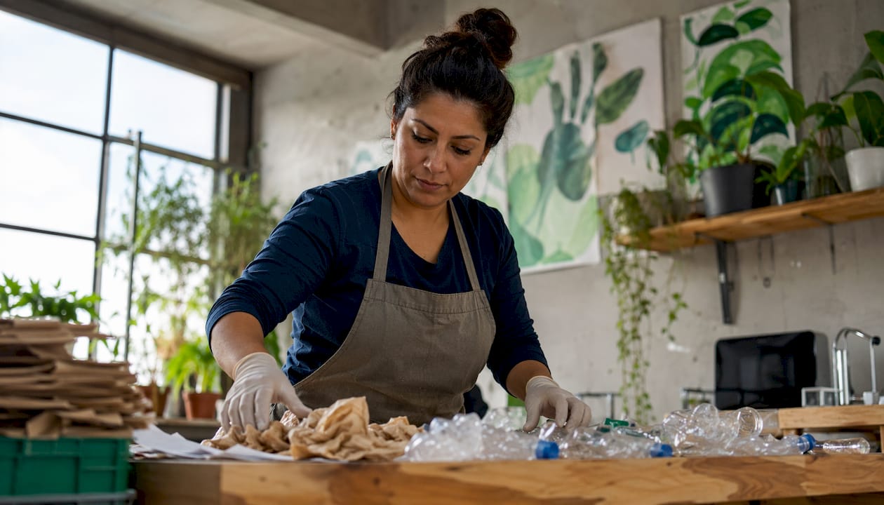 Des mains s’activent pour trier les matériaux recyclables dans un atelier.