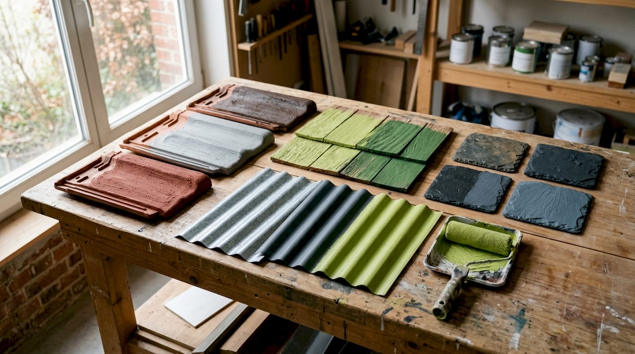 Échantillons de matériaux de toiture avec différentes finitions de peinture
