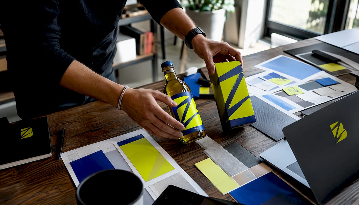 Des mains en train de disposer soigneusement des supports de branding pour une marque