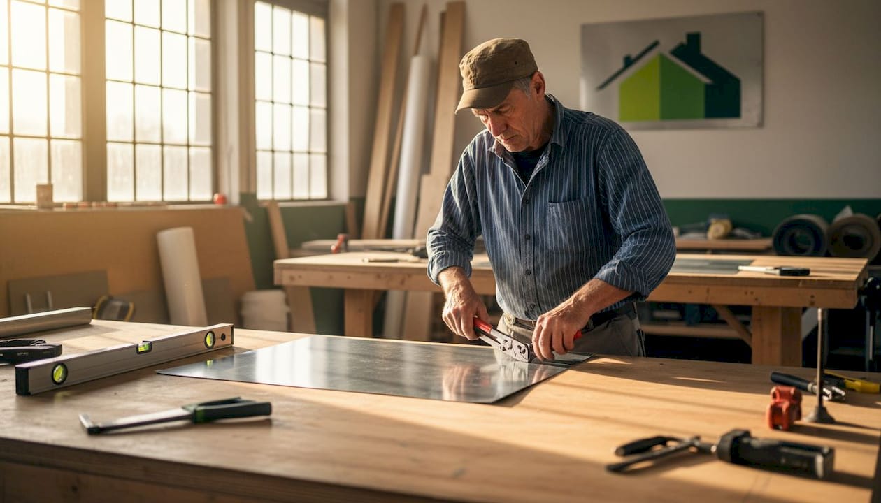 Le couvreur façonne le zinc dans son atelier, à l’abri des intempéries.