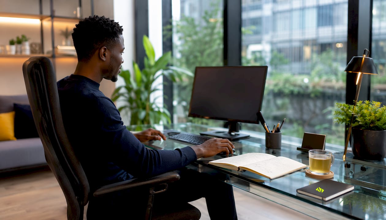 Les doigts tapent sur le clavier, dans l’ambiance épurée d’un bureau moderne.