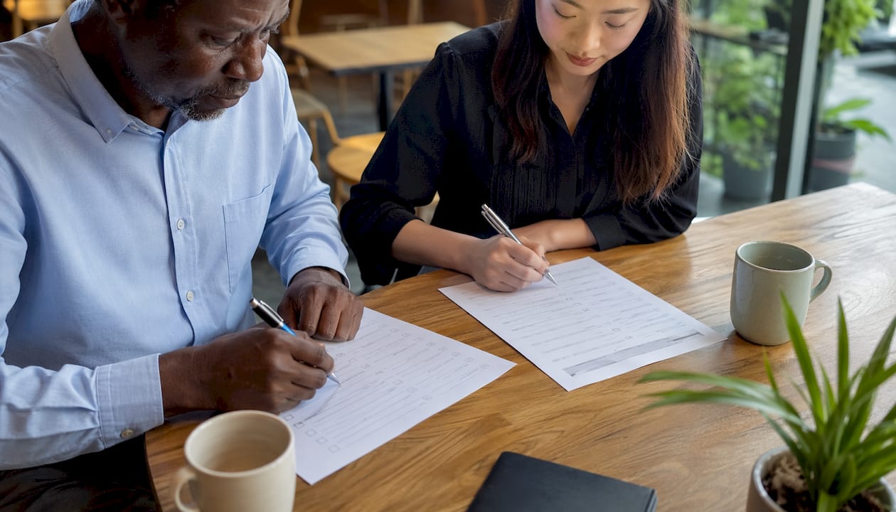 Des personnes en train de remplir des questionnaires sur leur motivation