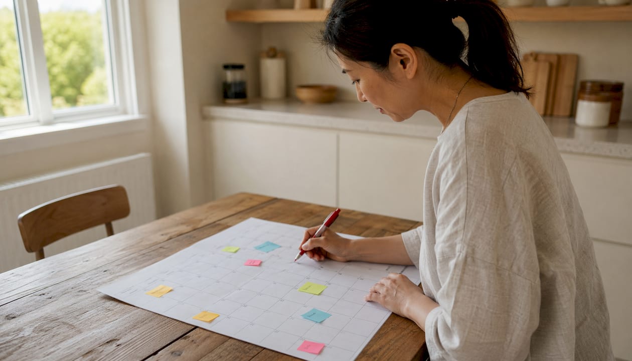 Une femme en train de revoir et d’ajuster le rétroplanning sur son agenda.