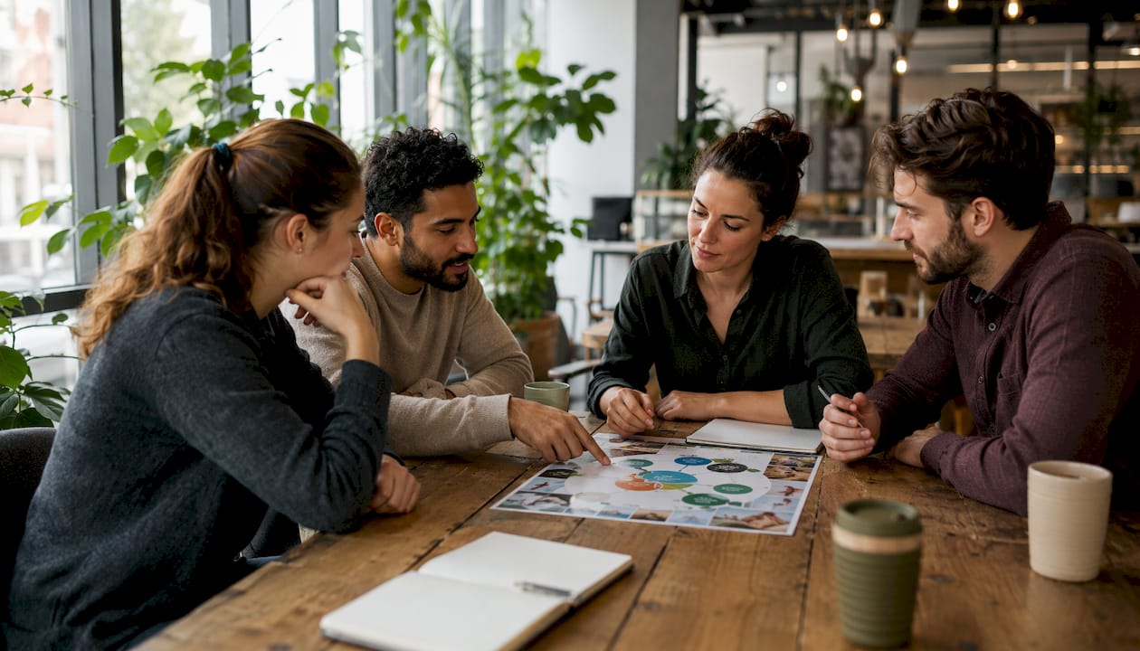 Des collègues échangent des idées sur des activités de team-building éco-responsables.