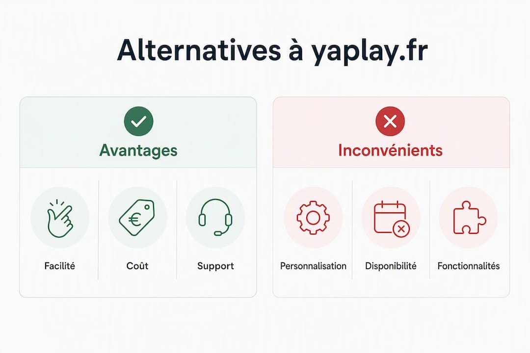 Découvrez en un coup d’œil les points forts et les limites des différentes alternatives à yaplay.fr grâce à notre infographie comparative.