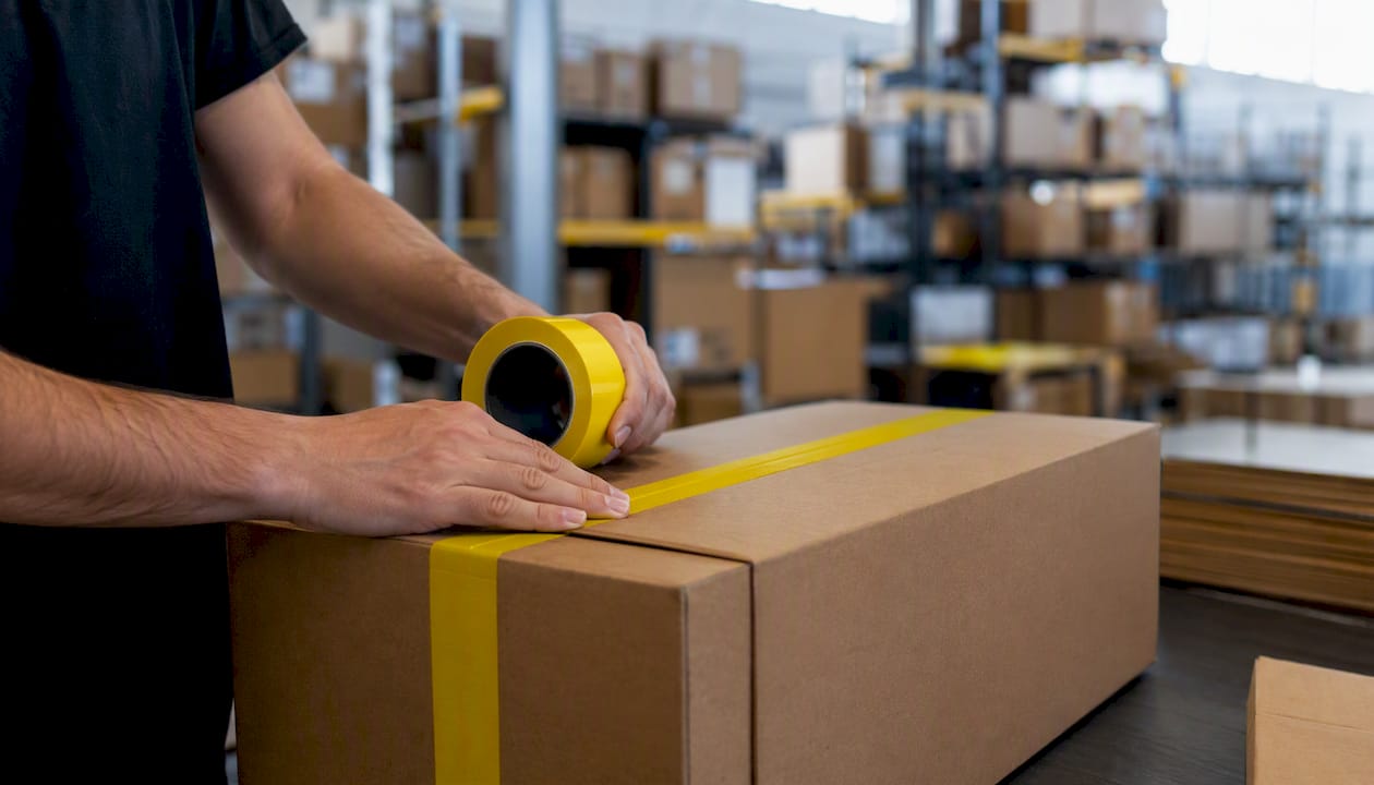 Préparation d’un colis pour une commande en ligne, mains à l’ouvrage.