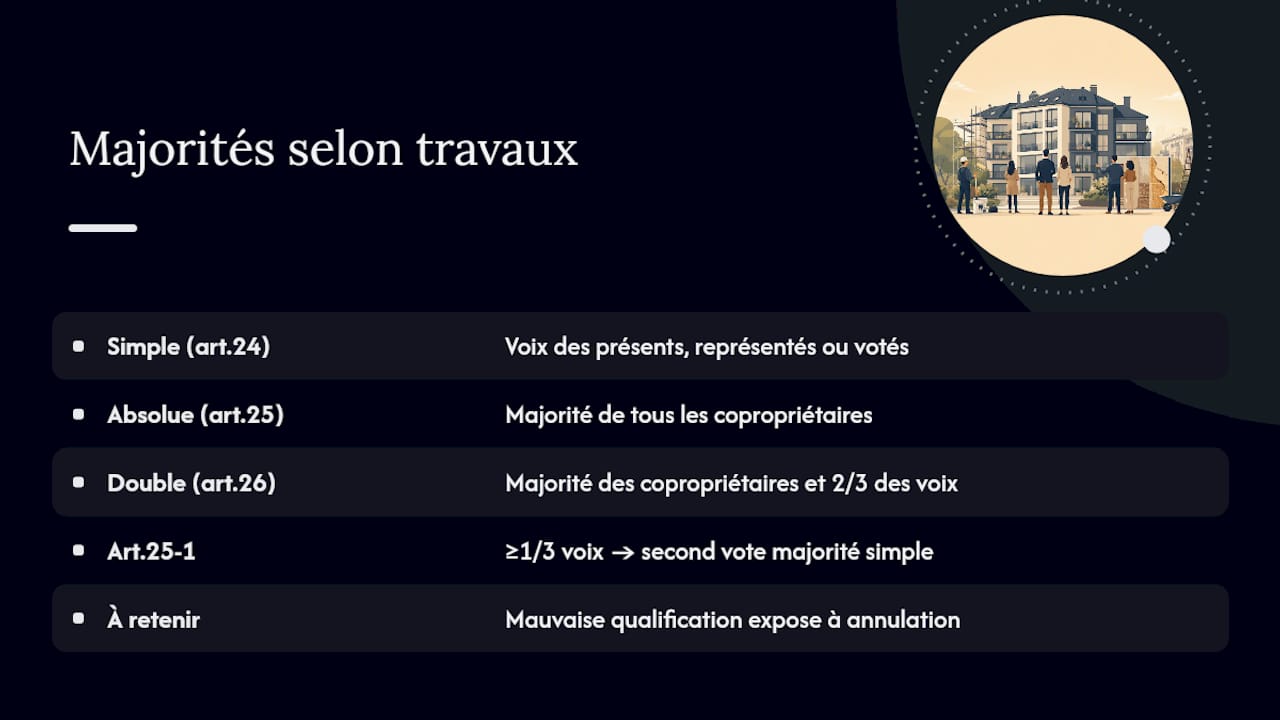 Quelles majorités s'appliquent selon la nature des travaux ? — overview diagram