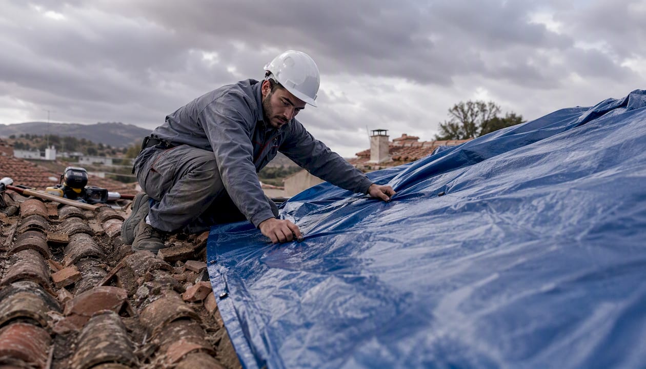 Un couvreur pose une bâche imperméable sur une toiture en tuiles pour assurer l’étanchéité du toit.