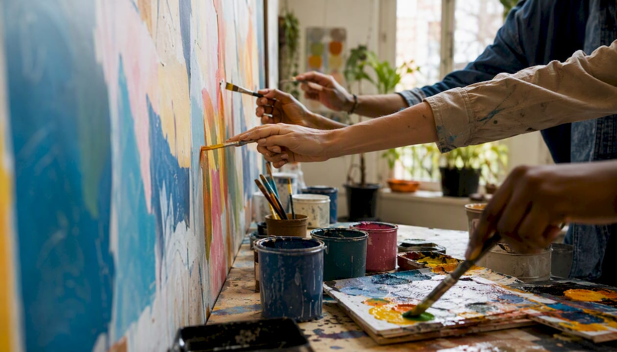 Des mains s'activent ensemble pour réaliser une fresque collective lors d'un atelier créatif.