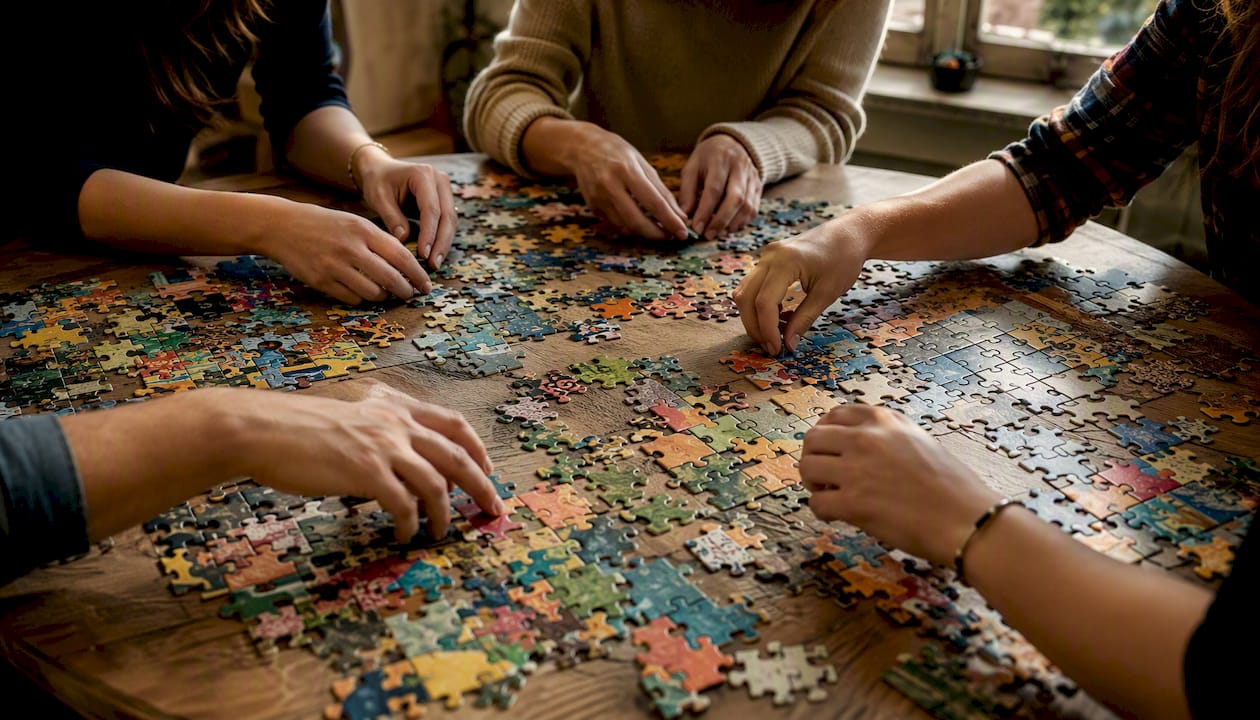 Des mains s'affairent à emboîter d'immenses pièces de puzzle, réunissant chaque élément pour former un tout harmonieux.