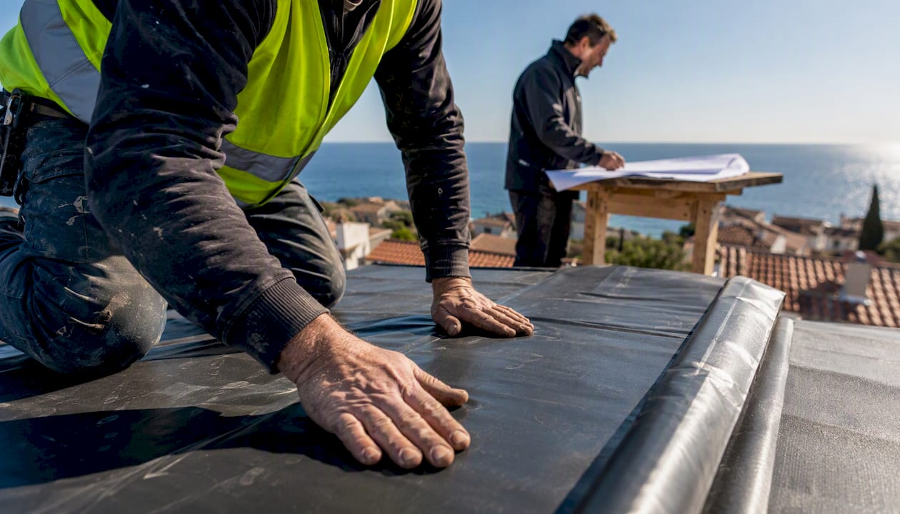 Un couvreur pose une membrane d’étanchéité sur le toit, en suivant les plans du maître d’œuvre.