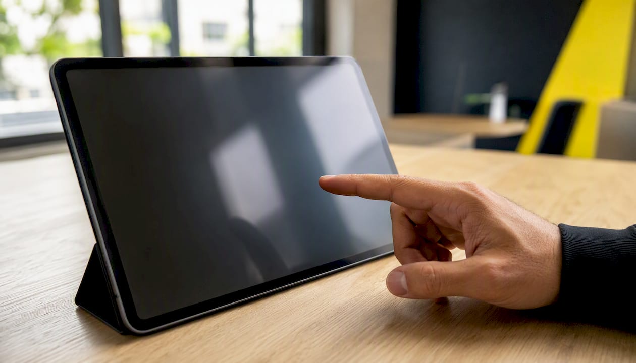 Une main s’apprête à saisir un smartphone pour naviguer sur le site
