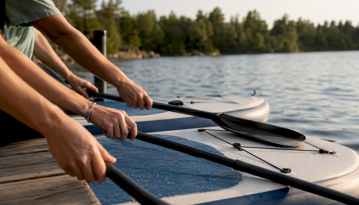 Des mains règlent les pagaies avant de partir en paddle sur le lac.