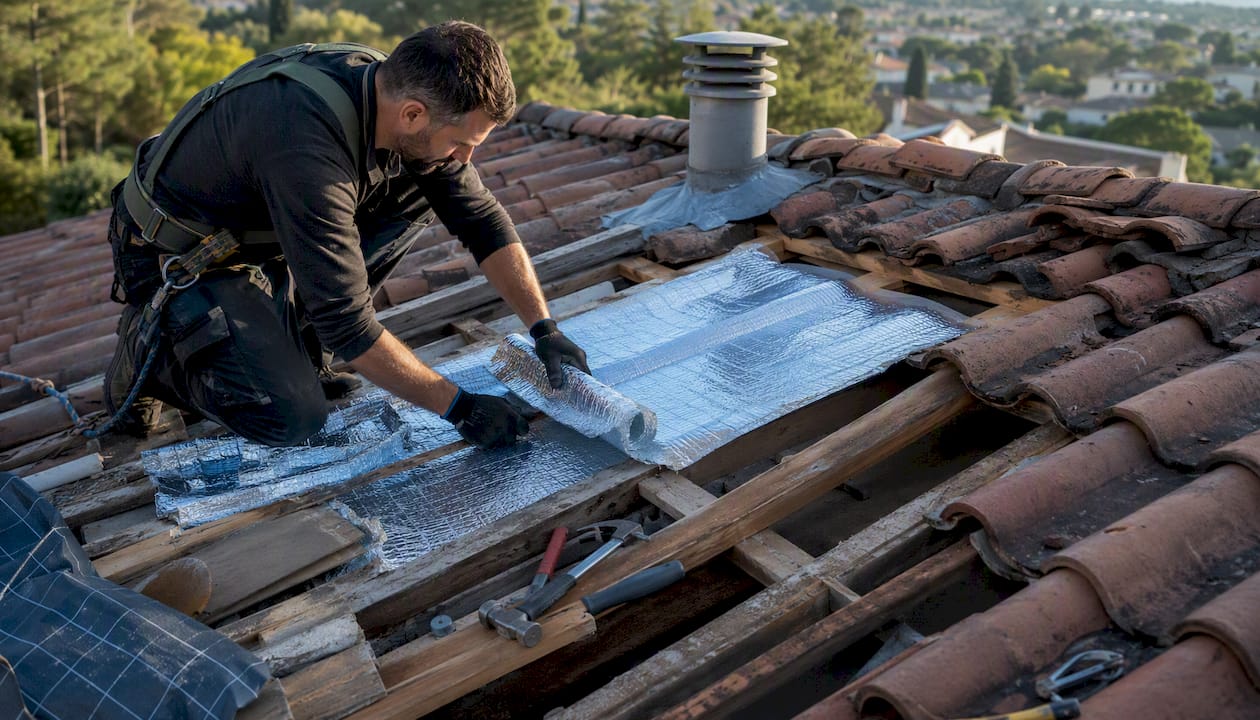 Un couvreur installe une isolation thermique sous les tuiles de la toiture.