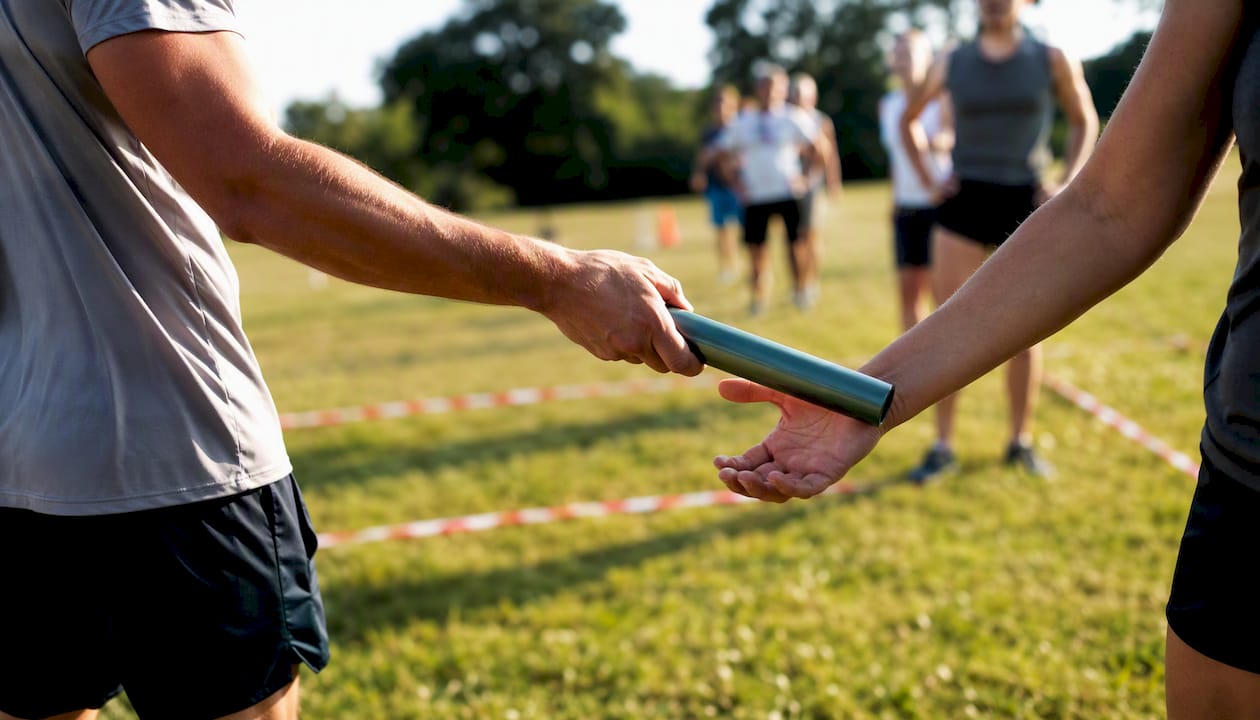 Des mains qui se transmettent le relais lors d’une épreuve sportive en équipe.