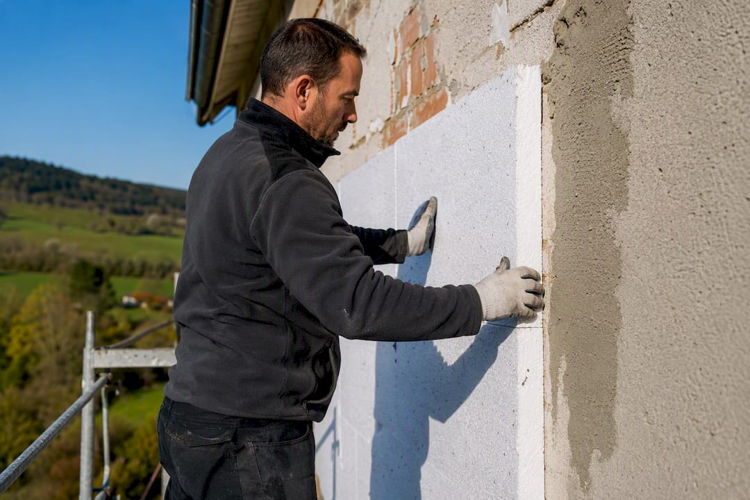 Pose d'une isolation thermique par l'extérieur sur le mur pignon en cours.
