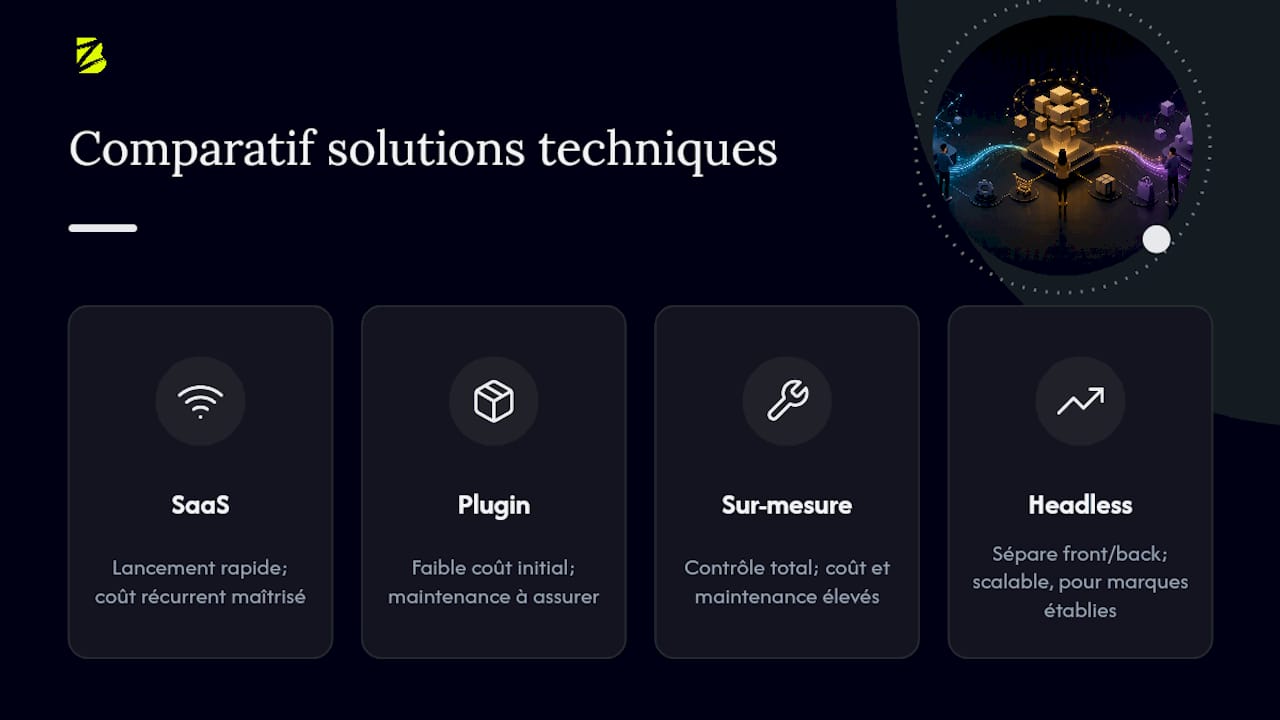 Schéma comparatif des principales solutions techniques pour l’e-commerce