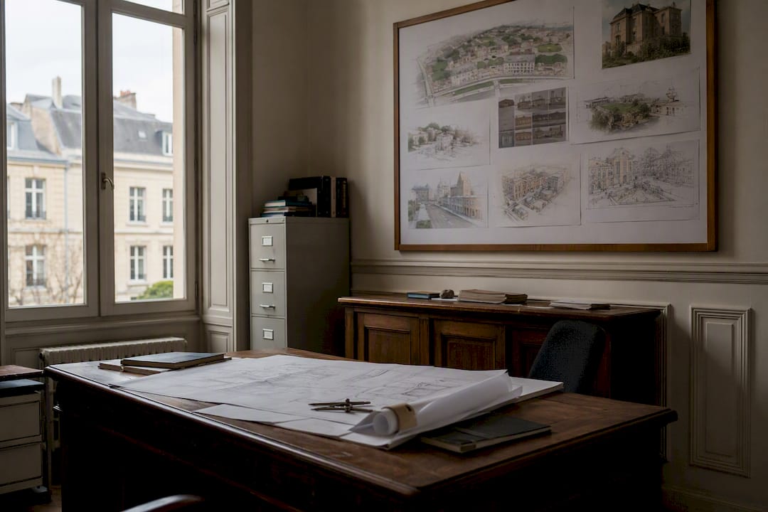 Bureau de la mairie avec des plans d'urbanisme