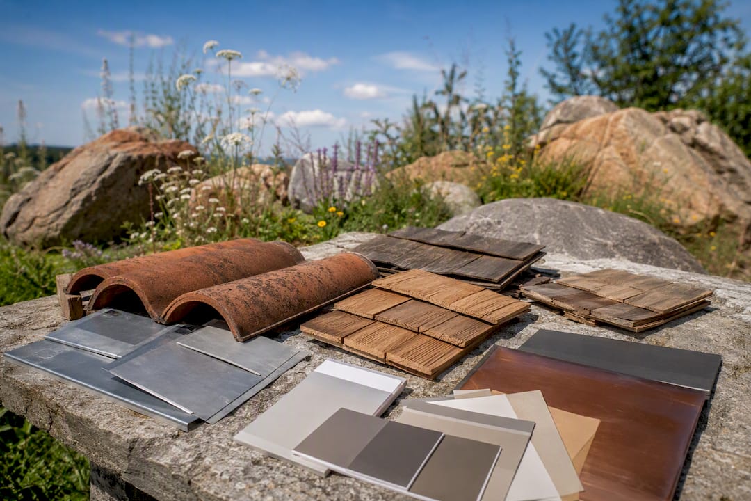 Matériaux de toiture et échantillons de couleurs sur la table