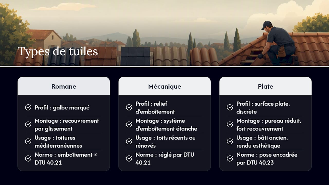 Diagramme comparatif des différents types de tuiles