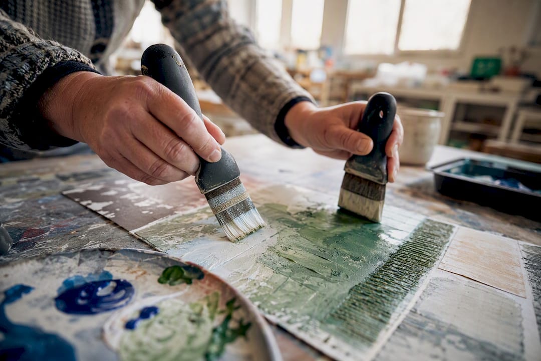 Mains tenant des pinceaux adaptés lors d'un atelier de bricolage