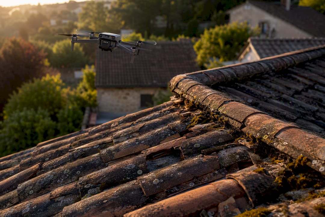 Drone inspectant des tuiles fragiles et fissurées