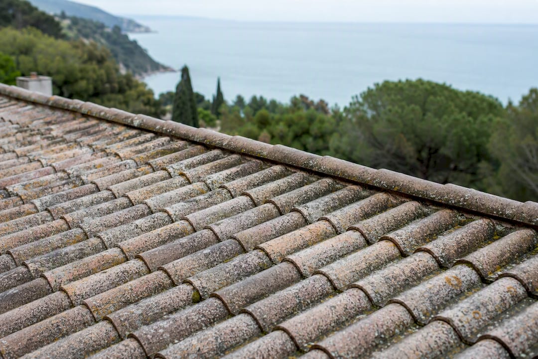 Tuiles en béton usées par le temps près de la côte