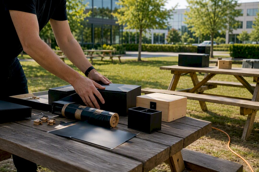 Des mains installant des accessoires de jeu d'évasion en extérieur