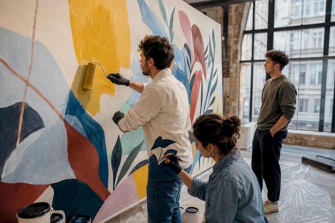 Des participants réalisant une fresque collective