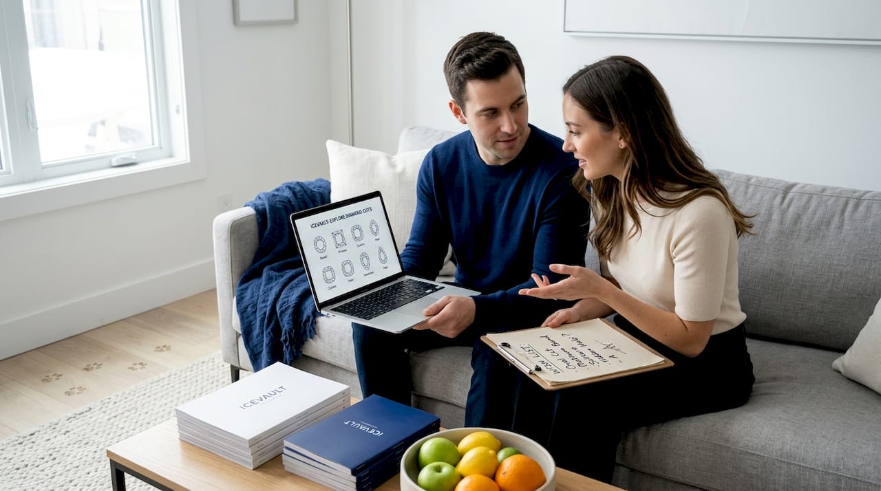 Couple reviewing lab diamond ring options