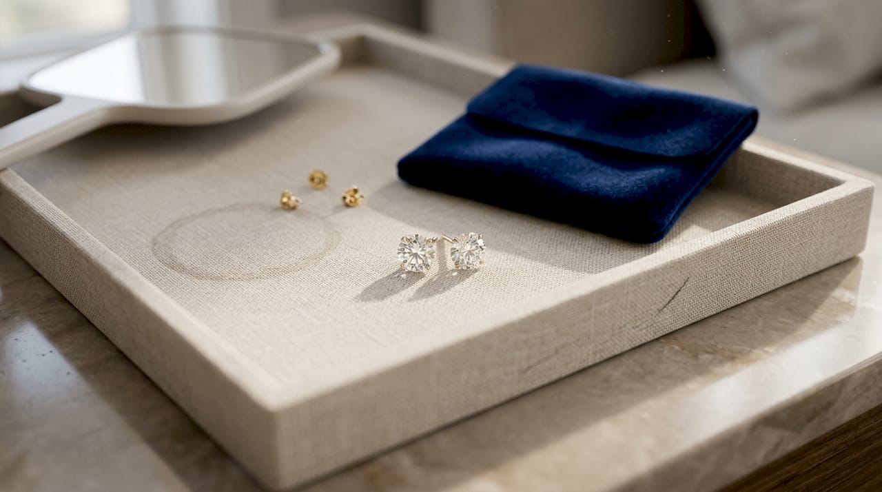 Classic lab diamond stud earrings on linen tray