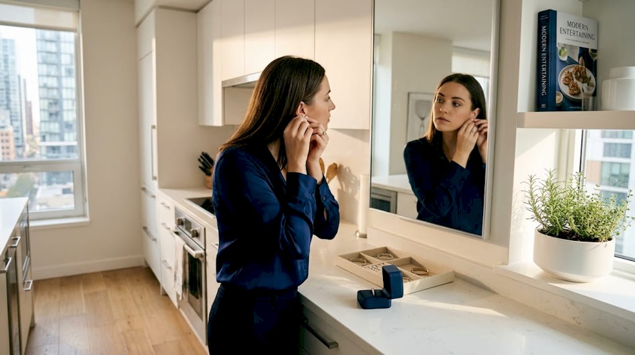 Woman putting on moissanite earrings in bedroom