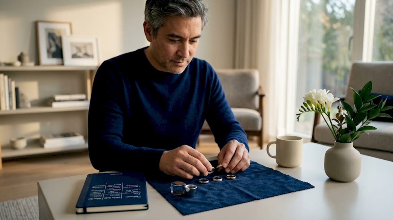 Comparing metal rings on sunlit apartment table