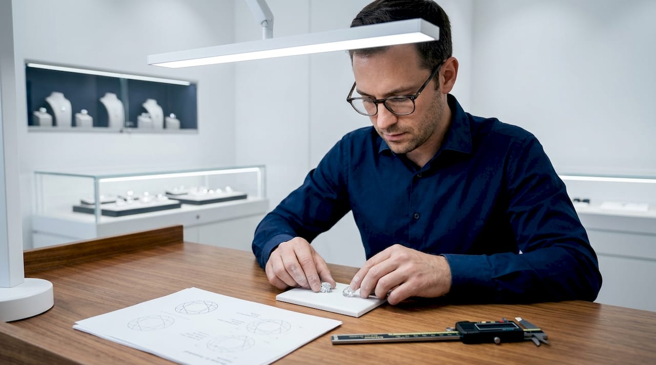 Jeweler comparing diamond color by cut